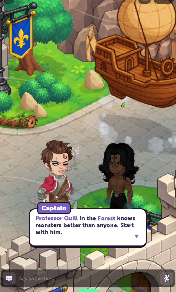 The Captain pointing the player toward Professor Quill