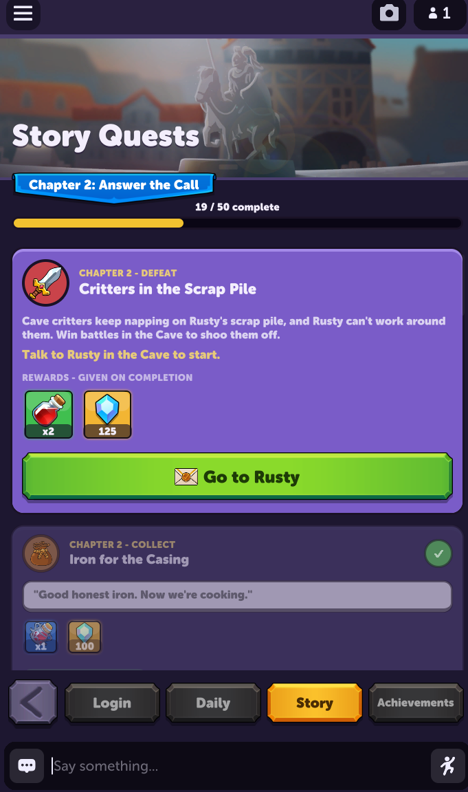 Story Quests screen for Chapter 2, Answer the Call